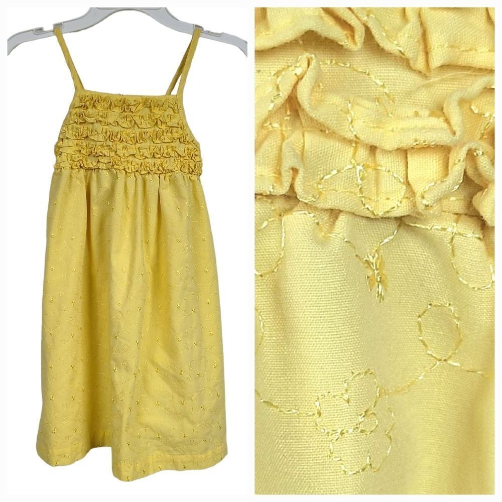 Penelope Mack Sunny Yellow Embroidered Sundress Smocked Ruffle Sleeveless Dress